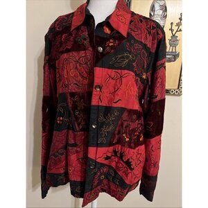 Women’s Vtg.Chicos Design Silk Rayon Embroidered Red Black Blazer Button Up Sz 3